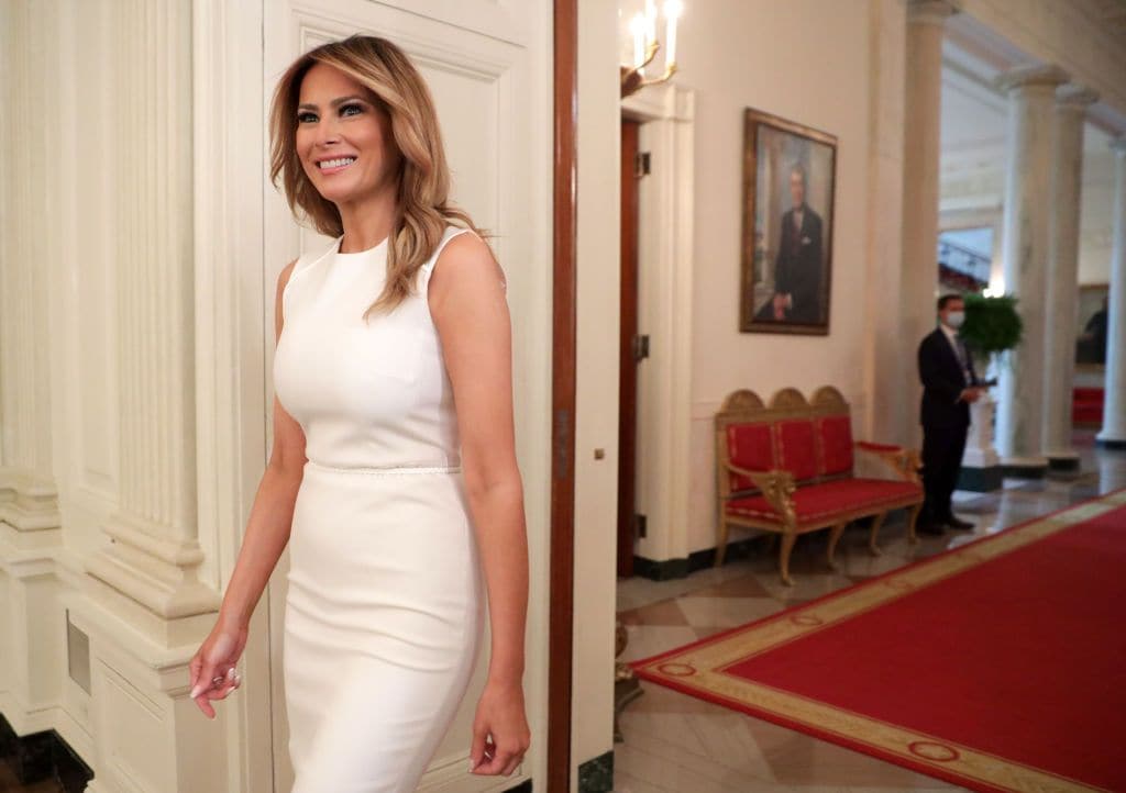 U.S. First Lady Melania Trump arrives at a roundtable on sickle cell disease in the State Dining Room of the White House on September 14, 2020 in Washington, DC.