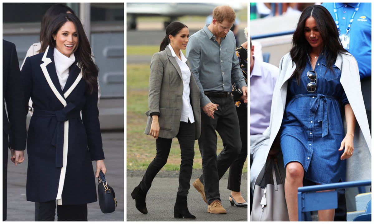 Meghan Markle wearing a J.Crew coat, ankle boots, and denim shirt dress