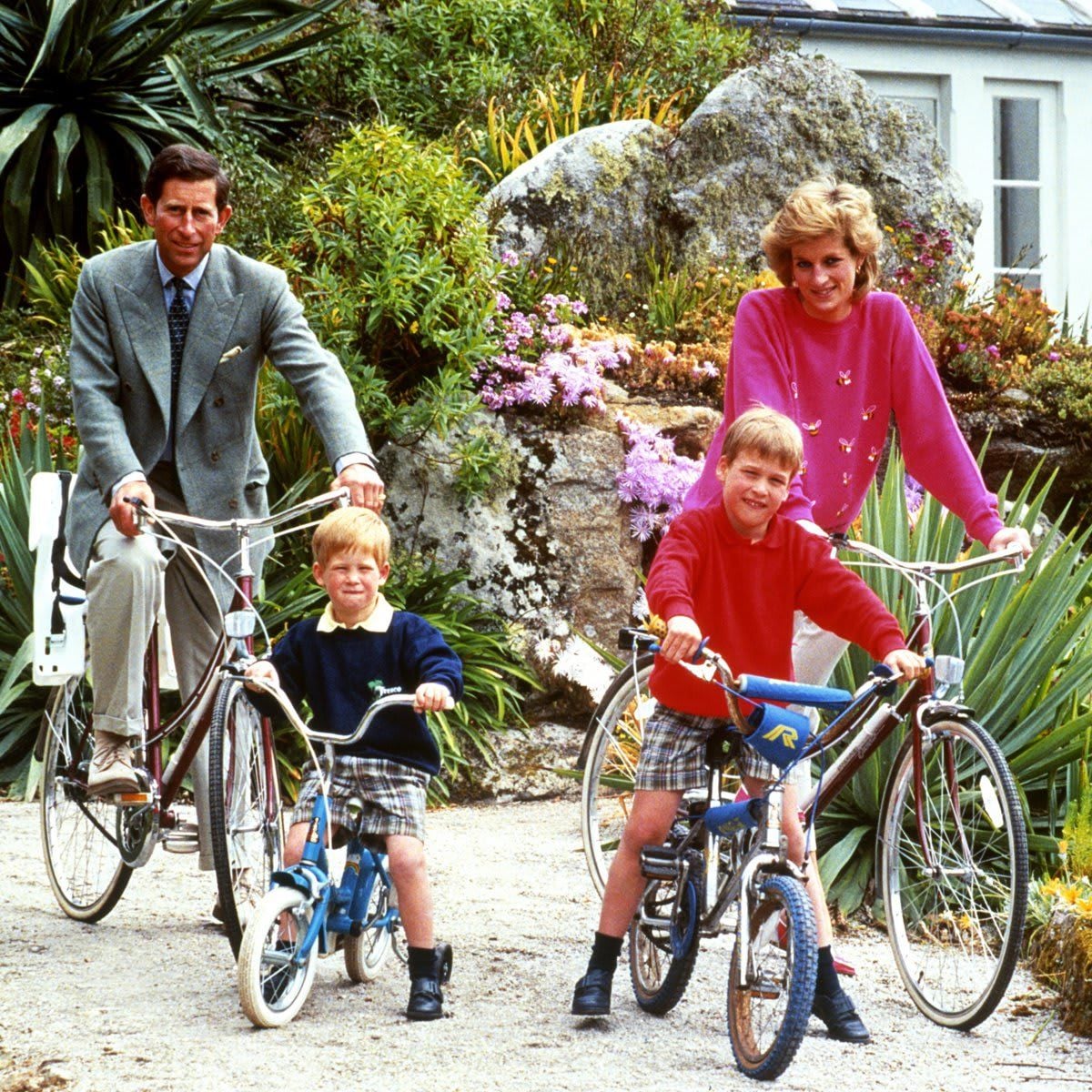 During their 1989 holiday in Tresco on the Isles of Scilly, Prince Charles and Princess Diana enjoyed a bike ride with their sons, Harry and William.