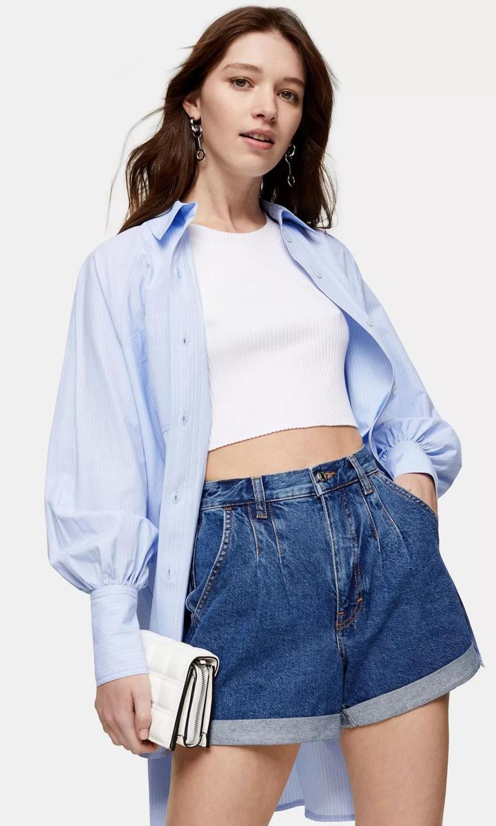 Rich Blue Pleated Rolled Hem Mom Denim from Topshop
