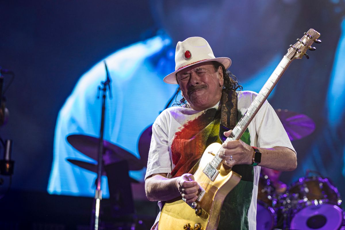 CHULA VISTA, CALIFORNIA - JUNE 17: Guitarist Carlos Santana of Santana performs on stage at North Island Credit Union Amphitheatre on June 17, 2022 in Chula Vista, California. (Photo by Daniel Knighton/Getty Images)