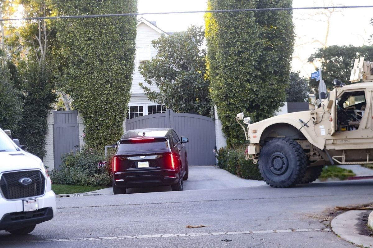 Ben Affleck returned to his residence, drawing attention from a joint light tactical military vehicle stationed nearby. The actor appeared unfazed by the unusual scene as he made his way inside. 
