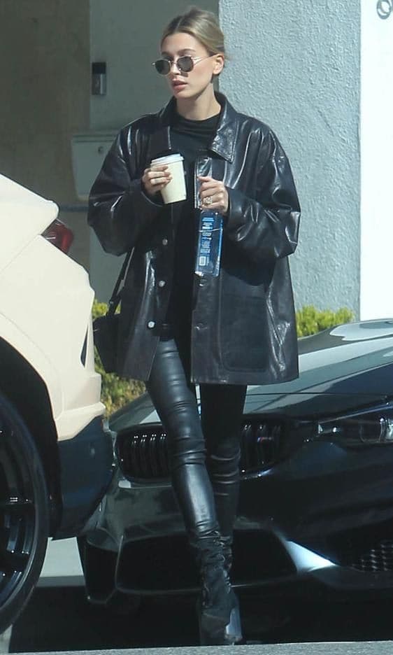 Hailey Bieber in an all black leather look