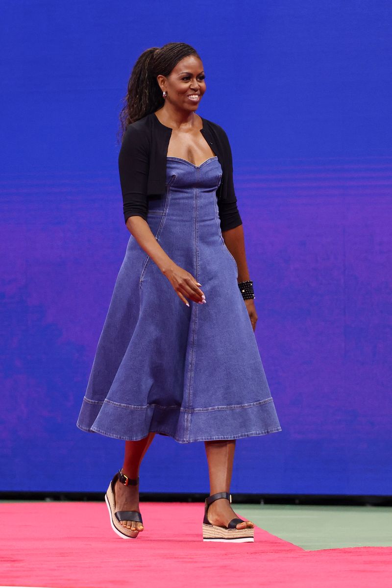 Former First Lady of the United States Michelle Obama attends Opening Night celebrating '50 years of equal pay' during Day One of the 2023 US Open at Arthur Ashe Stadium at the USTA Billie Jean King National Tennis Center on August 28, 2023, in the Flushing neighborhood of the Queens borough of New York City. (Photo by Jean Catuffe/GC Images)