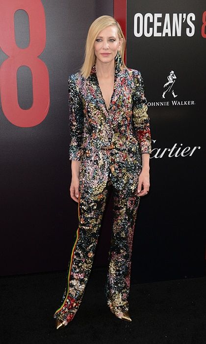 Cate Blanchett suited up in a colourful sequin trouser suit by Missoni, a ring by Solange Azagury-Partridge and pointy metallic heels.
Photo: WENN