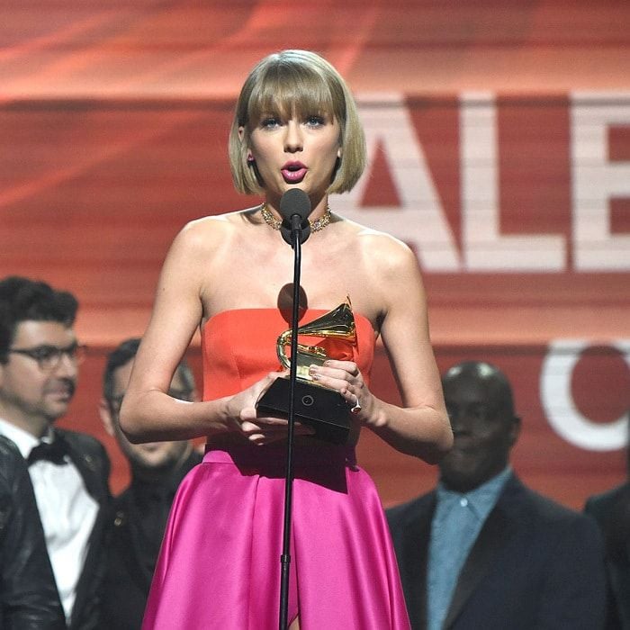 <b>February 15, 2016</b>
<br>
While accepting her Album of the Year award at the Grammys, Taylor addressed the infamous Kanye lyrics about her saying, "There are going to be people along the way who will try to undercut your success or take credit for your accomplishments or fame."
</br><br>
She continued, "But if you focus on your work and don't let those people sidetrack you, someday when you get where you're going, you'll look around and you'll know it was you and the people that love you that put you there. And that will be the greatest feeling in the world."
</br><br>
Photo: Kevin Mazur/WireImage