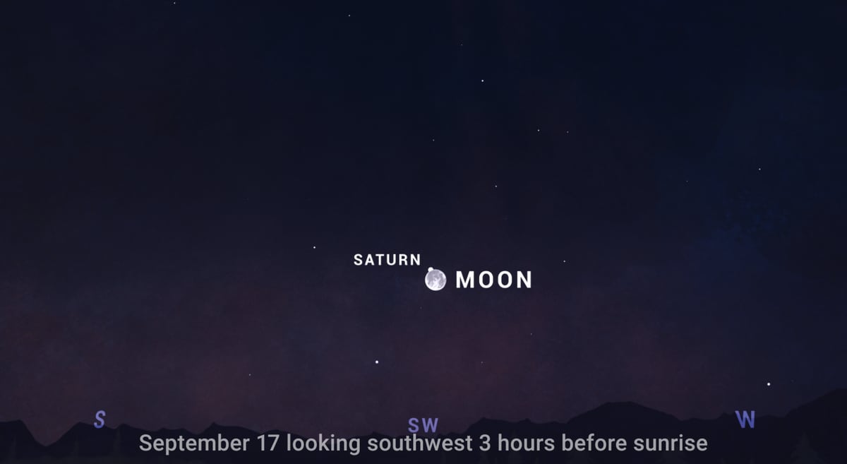 Sky chart showing the full moon very near Saturn in the morning sky for U.S. observers on September 17. The Moon occults, or passes in front of, Saturn as the pair get lower in the sky.