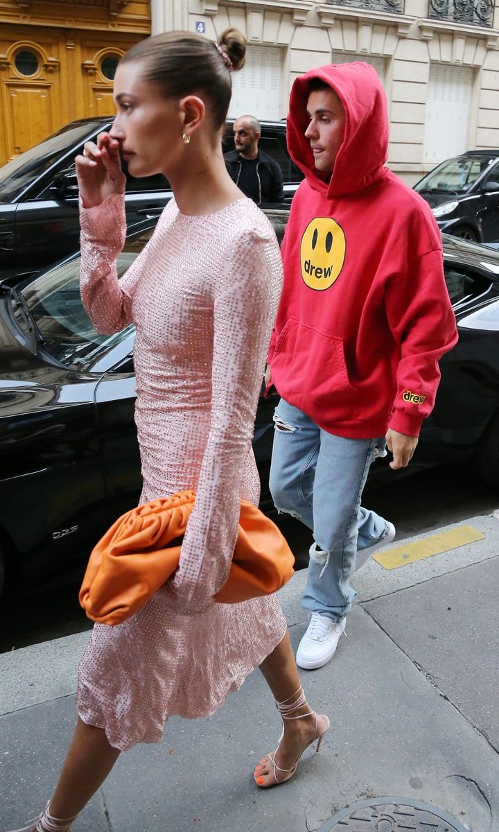 Hailey Bieber Dazzles into a Pink Dress for Dinner with Husband Justin in Paris