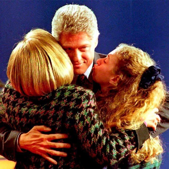 Family hug! Chelsea and her mom Hillary showed their support for Bill in the last few weeks of the 1992 presidential campaign.
Photo: Getty Images