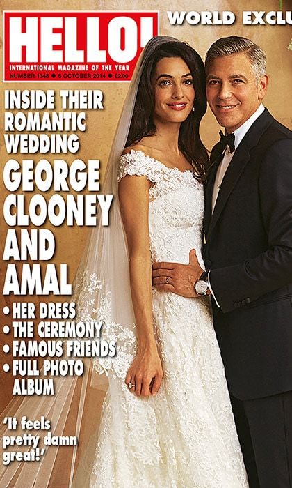 Amal wore an exquisite custom-made, French lace Oscar de la Renta dress.