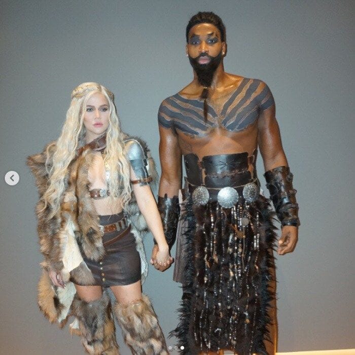 Khloe Kardashian shared several photos of herself with boyfriend Tristan Thompson in <i>Game of Thrones</i> characters Daenerys Targaryen and Khal Drogo for Halloween. The expectant mom also posted a photo of the two kissing with the caption, " Moon of my life ."
Also on Snapchat, the 33-year-old may have confirmed her pregnancy when she wrote, "That's Daddy," in a clip. The couple celebrated in Cleveland with Tristan's teammates including Dwyane Wade and his wife Gabrielle Union.
Photo: Instagram/@khloekardashian