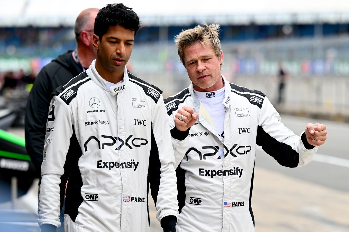 Brad Pitt, star of the upcoming Formula One-based movie, walks in the Pitlane during practice ahead of the F1 Grand Prix of Great Britain at Silverstone Circuit on July 05, 2024, in Northampton, England. 