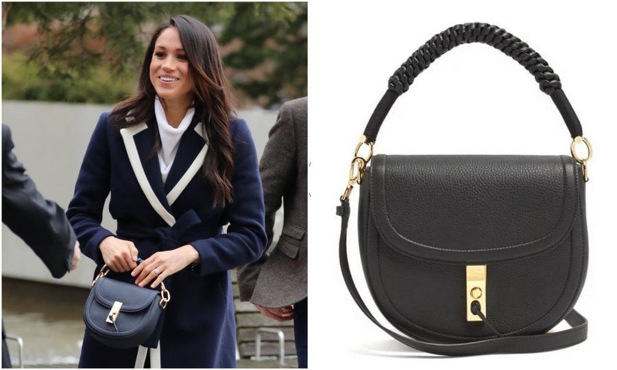 <b> The Ghianda bag by Altuzarra</B>
Meghan toted a navy blue version of this $1599 handbag to match her blue and white J Crew coat as she stepped out with Prince Harry in Birmingham in March 2018. The grained leather bag has braided detailing on the top handle, a detachable long strap and gold hardware. The actress is a fan of the Altuzarra design and has in the past been spotted carrying a brown suede Ghianda mini saddle bag.
Photos: WENN, matchesfashion.com