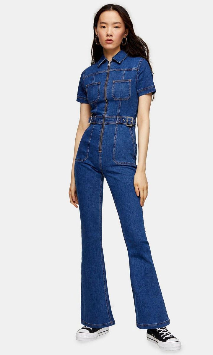 Stretch Denim Flared Boiler Suit with Buckle from Topshop