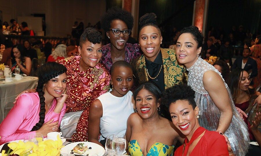 Squad goals! Clockwise from top center: Lupita Nyong'o, Honoree Lena Waithe, Honoree Tessa Thompson, Susan Kelechi Watson, Yvette Nicole Brown, Honoree Danai Gurira, Edwina Findley Dickerson, and Sonequa Martin-Green struck a pose for posterity.
Photo: Leon Bennett/Getty Images for Essence