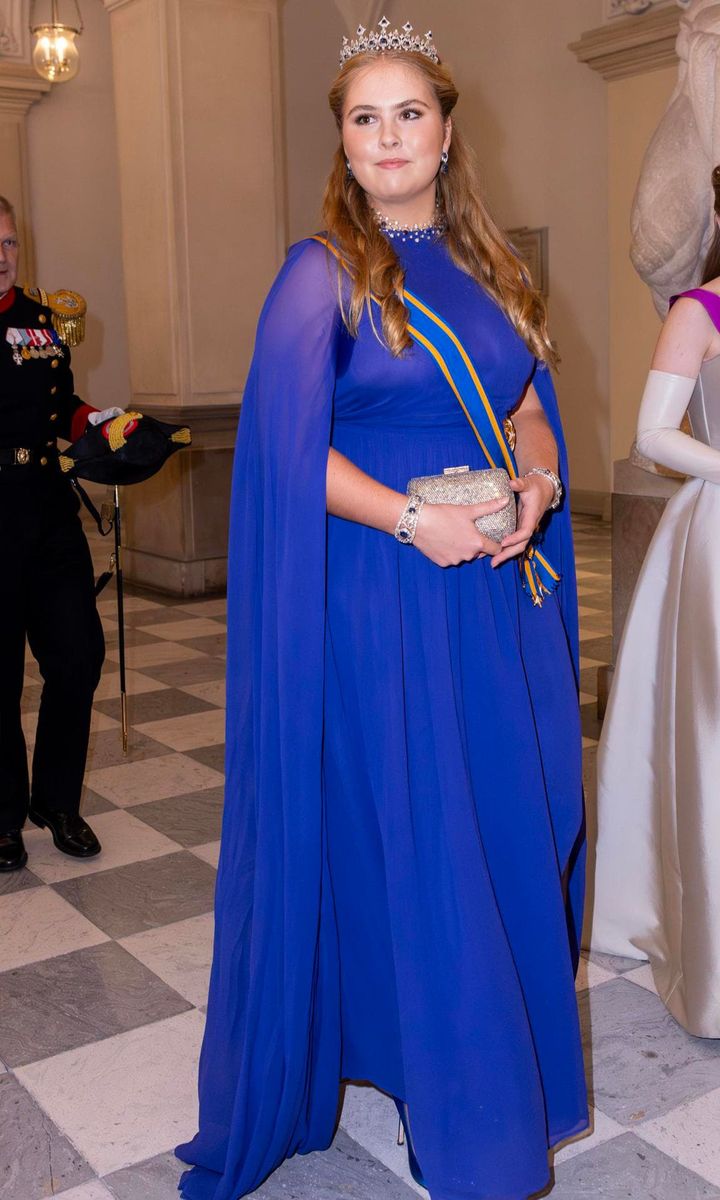 Princess Catharina-Amalia of the Netherlands attended the birthday gala dinner sans her parents, Queen Maxima and King Willem-Alexander. The Princess of Orange looked regal wearing a blue cape gown and the Sapphire Necklace Tiara.