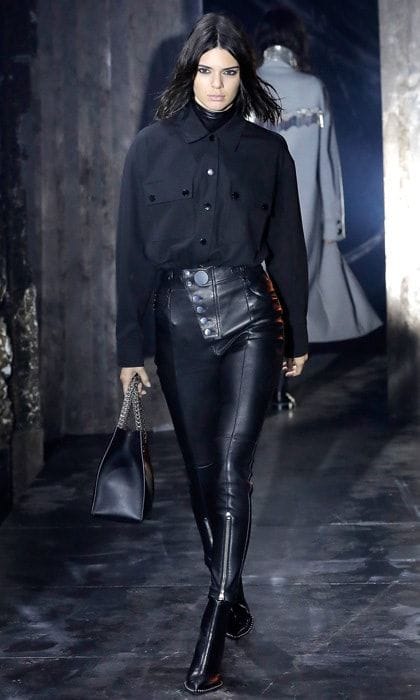 Back in black! Kendall Jenner owned the catwalk at the Alexander Wang show modeling an all-black ensemble.
Photo: JP Yim/Getty Images