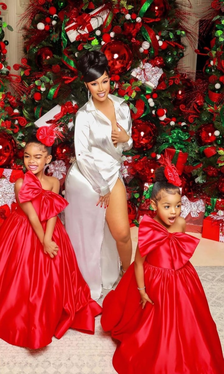 Cardi B enjoys Christmas Eve surrounded by family, stunning decorations, and a new puppy