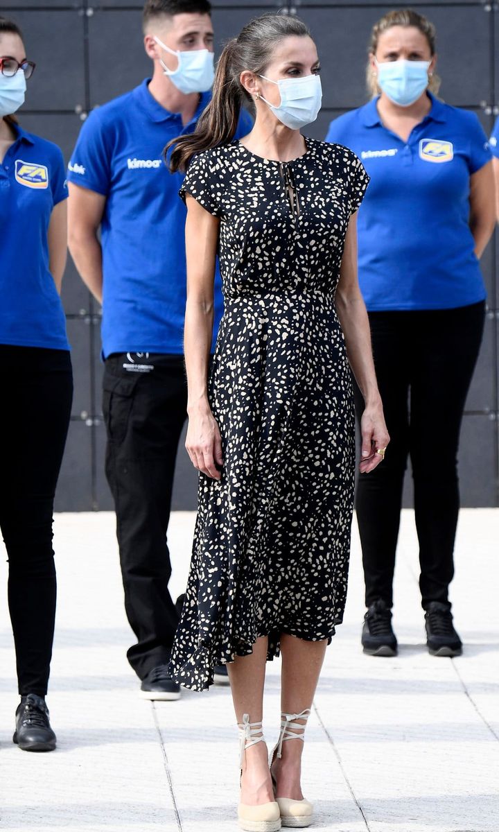 Letizia wrapped up her royal tour in style donning a flowy Massimo Dutti dress and Mint & Rose espadrilles in Llanera, Spain.