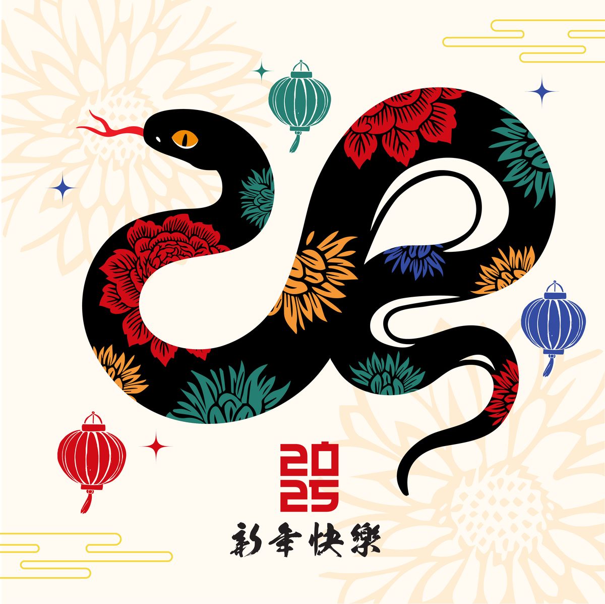 Welcome the Year of the Snake with this elegant and symbolic vector illustration background. Designed with intricate patterns and flowing lines, this background showcases a beautifully stylized snake, symbolizing wisdom, intuition, and transformation in Chinese culture. Perfect for Lunar New Year celebrations, cultural events, and festive greetings, this background adds a touch of sophistication and tradition.

The design features rich colors and subtle details, such as floral  patterns and Chinese-inspired motifs, creating a harmonious and auspicious atmosphere. The scalable vector format makes it ideal for use in digital banners, invitations, posters, and more, ensuring crisp, clear details at any size. Embrace the elegance and mystique of the snake with this captivating Year of the Snake illustration.