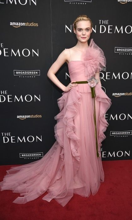 June 22: Elle Fanning stole the show in a pink ruffled Gucci gown during <i>The Neon Demon</i> premiere in NYC.
<br>
Photo: Getty Images