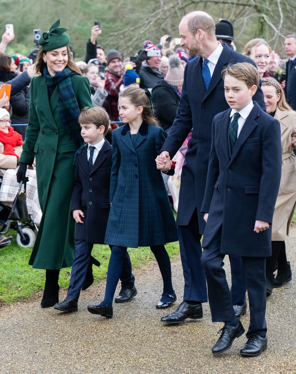 SANDRINGHAM, NORFOLK - DECEMBER 25: Catherine, Princess of Walesm Prince Louis of Wales, Princess Charlotte of Wales, Prince William, Prince of Wales and Prince George of Wales attend the Christmas Morning Service at Sandringham Church on December 25, 2024 in Sandringham, Norfolk. (Photo by Samir Hussein/WireImage)