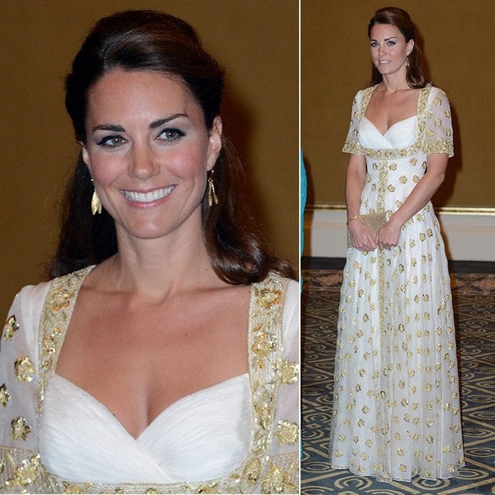 The Duchess of Cambridge wore this white and gold gown to an official dinner hosted by Malaysia's Head of State Sultan Abdul Halim Mu'adzam Shah of Kedah on day three of their Jubilee tour in 2012.
<br>
Photo: Getty Images