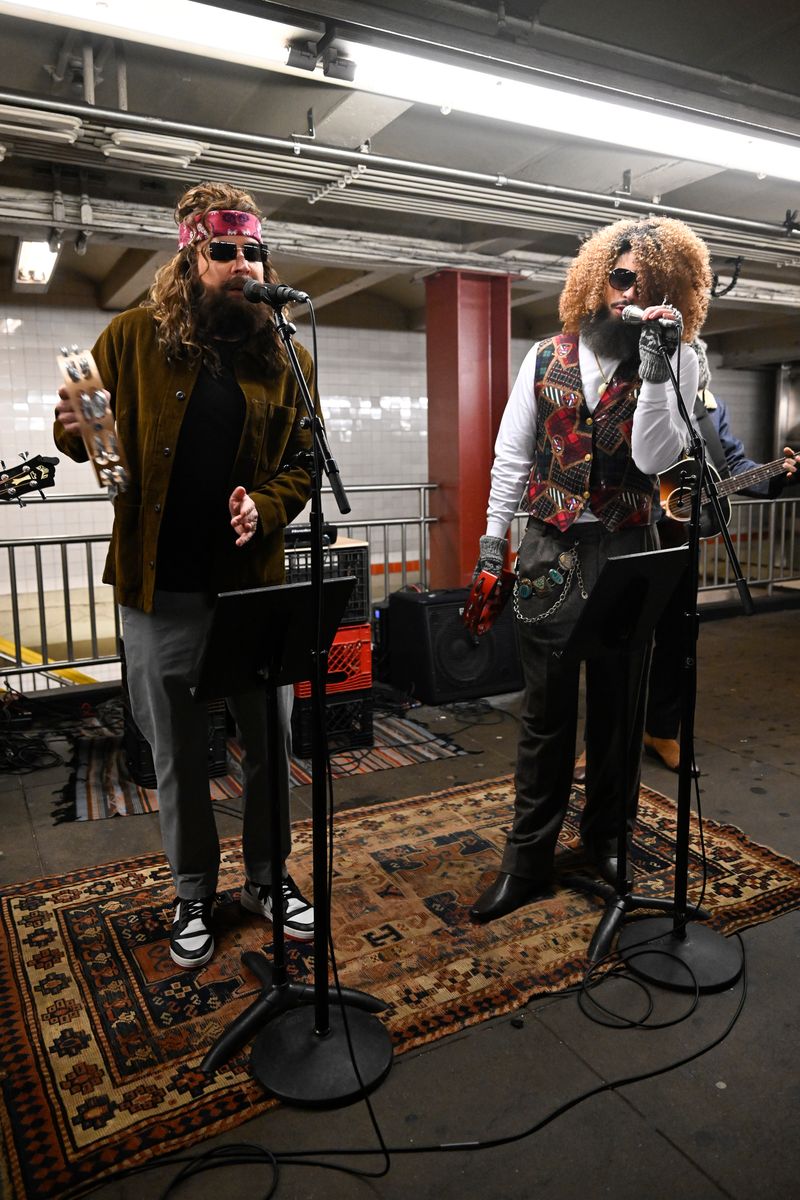 THE TONIGHT SHOW STARRING JIMMY FALLON -- Episode 2077 -- Pictured: (l-r) Host Jimmy Fallon with rapper & singer Bad Bunny during "Subway Busking" with The Roots on Monday, January 13, 2025 -- (Photo by: Todd Owyoung/NBC via Getty Images)