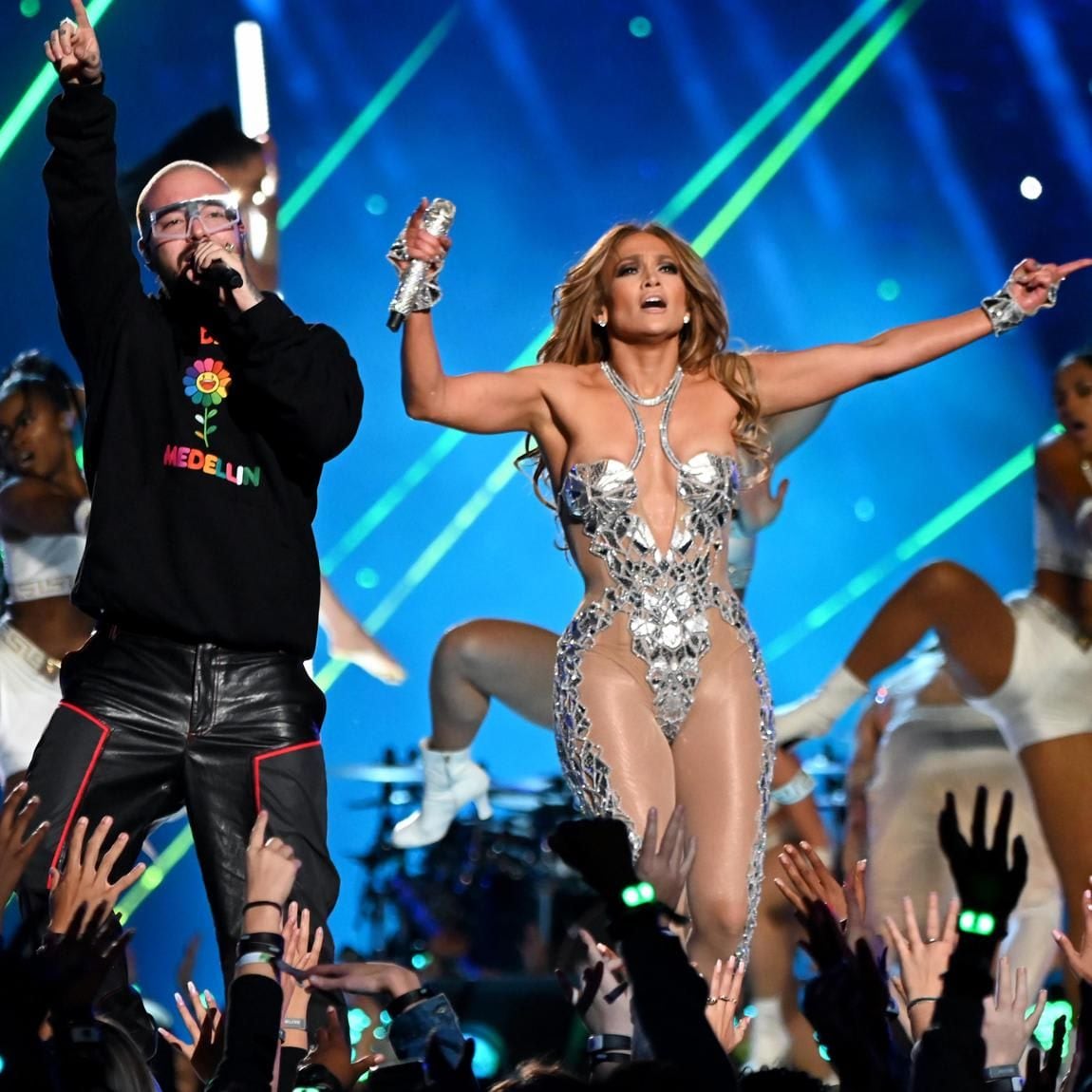 Jennifer Lopez and J Balvin during Super Bowl Performance