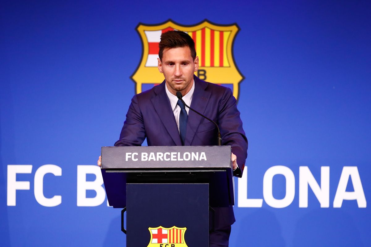 Lionel Messi of FC Barcelona faces the media during a press conference at Nou Camp while discussing his departure 