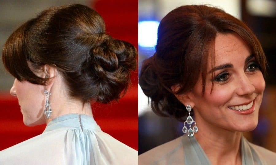 The Duchess of Cambridge exuded Hollywood glamour at the <i>Spectre</i> premiere in London sweeping her glossy locks up in a sophisticated chignon, while wearing her bangs with a middle parting.
Photos: PA