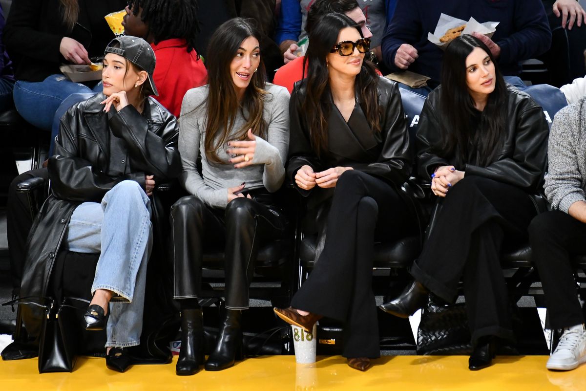 Hailey Bieber, Sarah Staudinger, Kendall Jenner and Lauren Perez attend a basketball game between the Los Angeles Lakers and the Oklahoma City Thunder at Crypto.com Arena on January 15, 2024