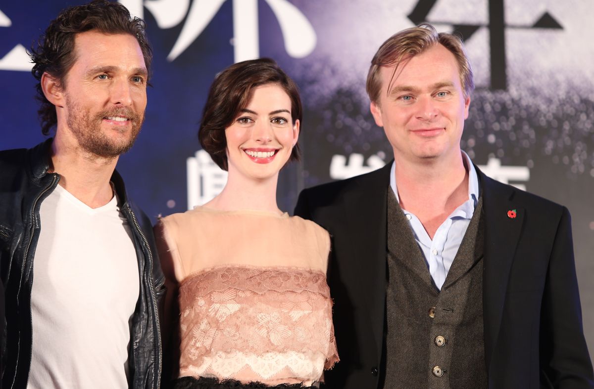 Matthew McConaughey, Anne Hathaway y Christopher Nolan en el estreno de "Interestelar"