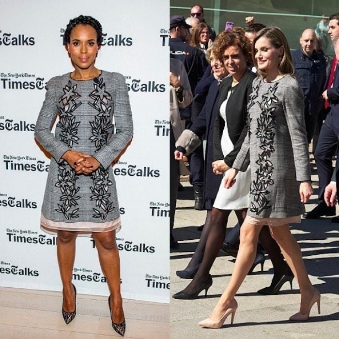 <b>Queen Letizia and Kerry Washington</b>
The Spanish royal paired her Carolina Herrera Prince of Wales cut-out dress with nude heels while attending the last day of the 'Woman and disability- We cross borders' International Congress in Avila, Spain in March 2017.
The <i>Scandal</i> star opted for black pumps for her Times Talks appearance almost a year earlier in April 2016.
Photos: Getty Images