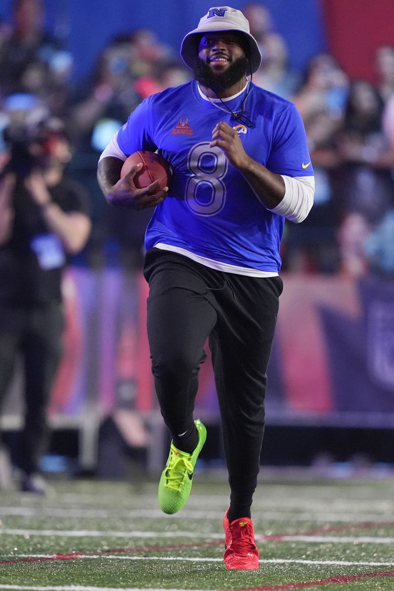 ORLANDO, FLORIDA - JANUARY 30: Jared Verse #8 of the Los Angeles Rams and NFC competes during the 2025 NFL Pro Bowl Skills Showdown on January 30, 2025 at the UCF Campus in Orlando, Florida. (Photo by Perry Knotts/Getty Images)