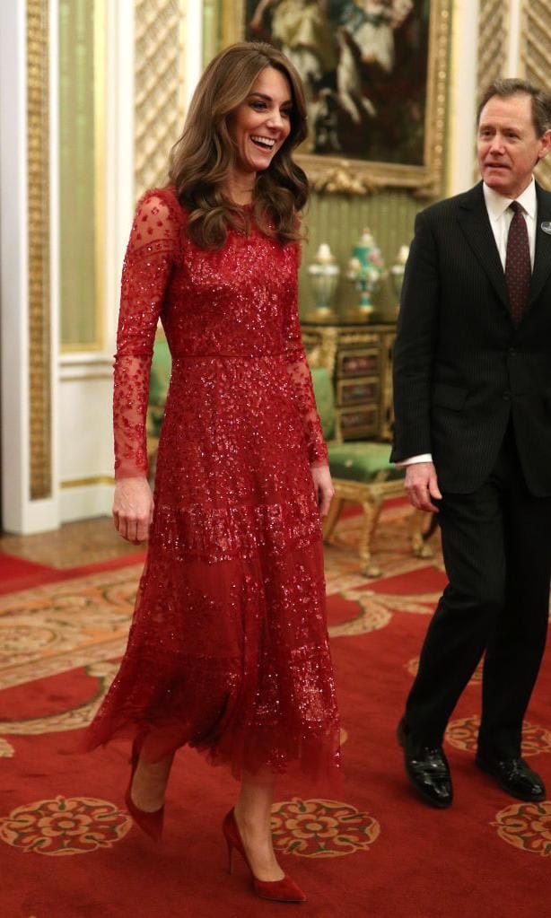 Kate Middleton wearing the Aurora gown by Needle & Thread and claret Gianvito Rossi pumps