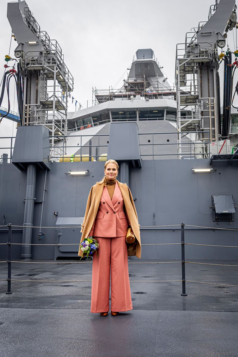  Princess Amalia of the Netherlands poses on the deck as she names the naval ship Den Helder built by Damen Naval Shipyards on February 21, 2025 in Vlissingen, Netherlands. The naming ceremony is the first public solo event for Princess Amalia in The Netherlands. (Photo by Patrick van Katwijk/Getty Images)