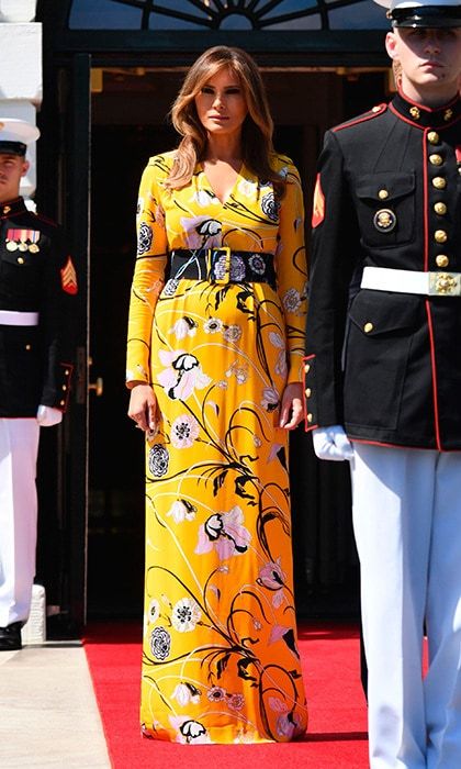 Seen here waiting for the arrival of Indian Prime Minister Narendra Modi at the White House on June 26, Melania donned this sunny summer print by Emilio Pucci.
Photo: NICHOLAS KAMM/AFP/Getty Images