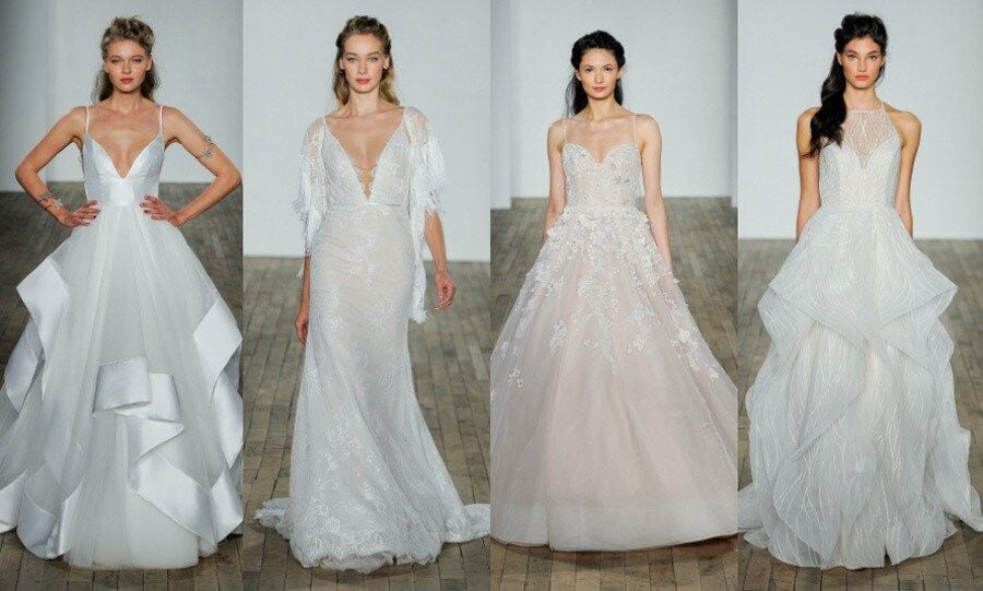 <b>Hayley Paige</b>
The designer's bridal collection showed off some plunging necklines and intricate detail on the bodice of the gowns. Hayley also named the dresses after some of her friends including former <i>Bachelorette</i> star Andi Dorfman (her dress pictured on the far left).