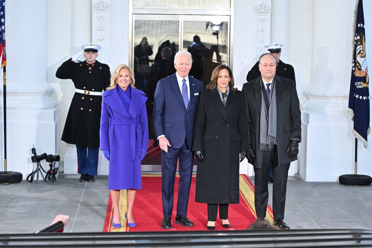 President Joe Biden, First Lady Jill Biden, Vice President Kamala Harris and Second Gentleman Douglas Emhoff prepare to greet President-elect Donald Trump 