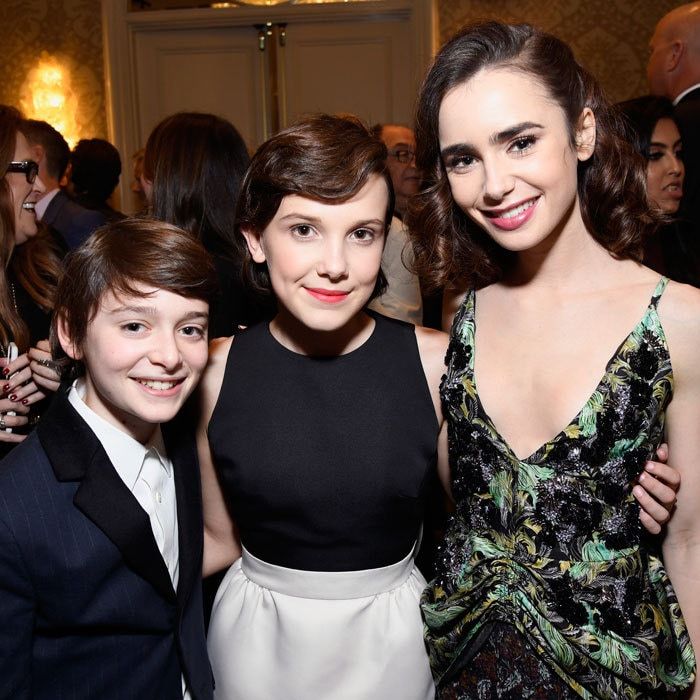 Three's company! Noah Schnapp, Millie Bobby Brown and Lily Collins made a cheery trio at the BAFTA tea party held at the Four Seasons Hotel Los Angeles.
Photo: Matt Winkelmeyer/BAFTA LA/Getty Images