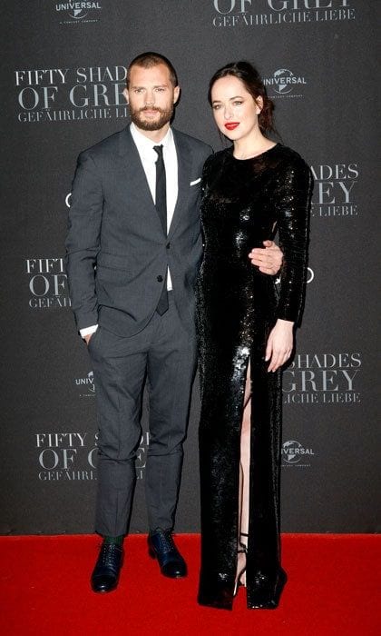 February 7: Jamie Dornan and Dakota Johnson looked fifty shades <i>dark</i>-er at the European premiere of their new film <i>Fifty Shades Darker</i> in Hamburg, Germany. The actress dazzled wearing a long-sleeve Saint Laurent gown, alongside her co-star, who sported a grey suit.
Photo: Isa Foltin/Getty Images