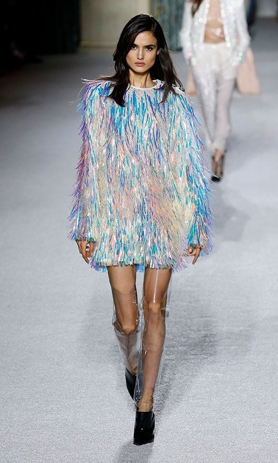 At Balmain, Blanca Padilla made a splash with a holographic fringed mini dress, and it's one of the multiple pieces from the collection that would mark major shine as one of the brand's top trends for the upcoming fall/winter season.
Photo: Getty Images