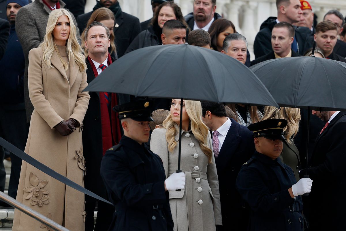 ARLINGTON, VIRGINIA - JANUARY 19: Members of President-Elect Donald Trump's family including Ivanka Trump (L) and Tiffany Trump (center) as the president-elect participates in a wreath-laying ceremony at Arlington National Cemetery on January 19, 2025 in Arlington, Virginia.  Trump will be sworn in as the 47th president of the United States on January 20 in a rare indoor ceremony. (Photo by Anna Moneymaker/Getty Images)