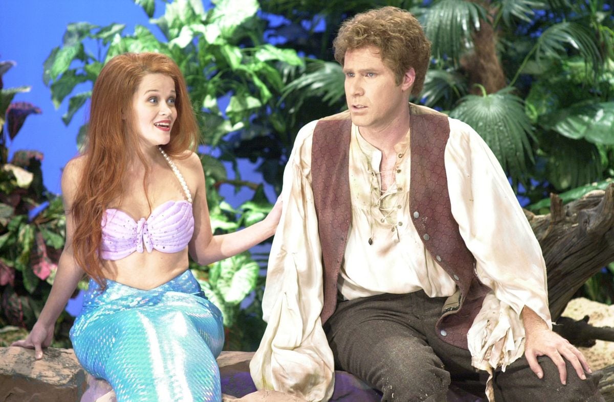 Witherspoon as The Little Mermaid, Will Ferrell as the sailor, during SNL's "The Little Mermaid" skit on September 29, 2001