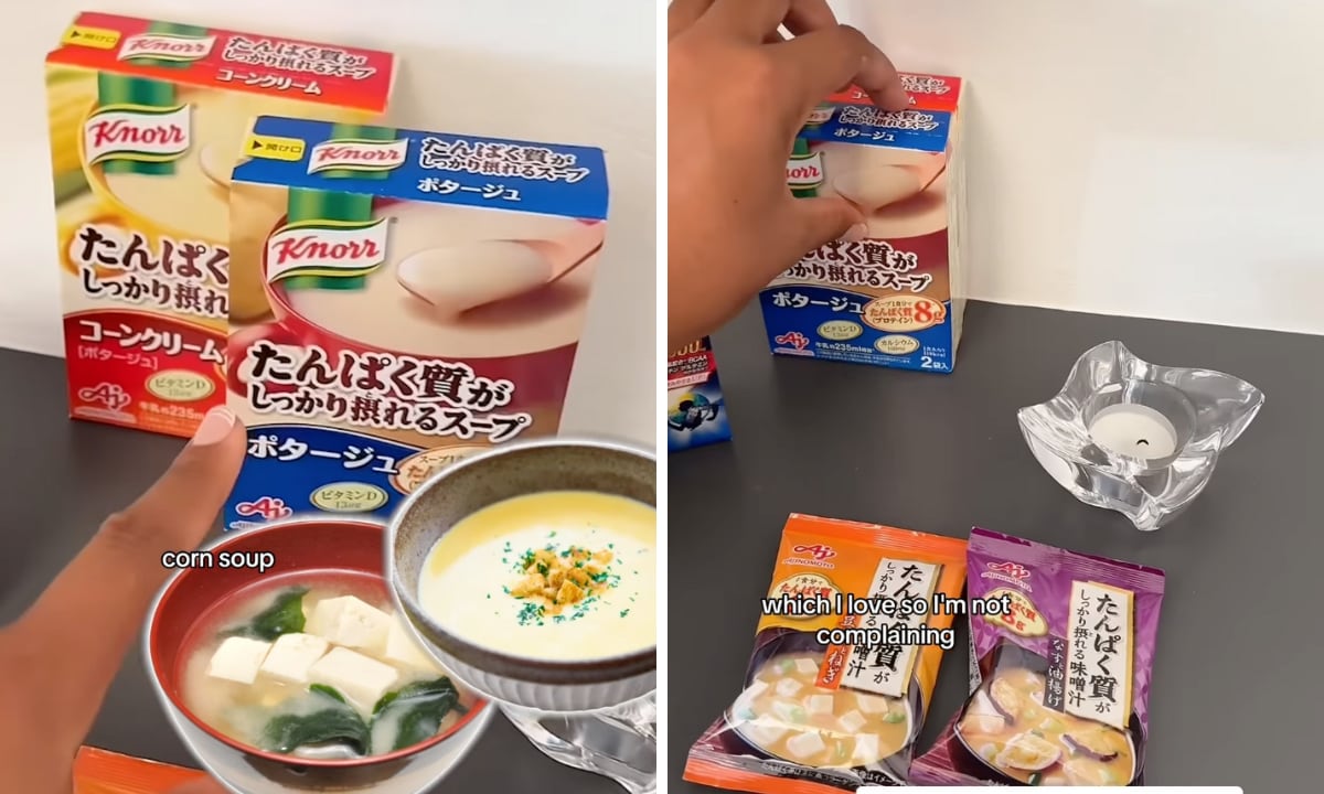 Naomi Osaka shows the instant meals Team Japan had in their Olympic bag