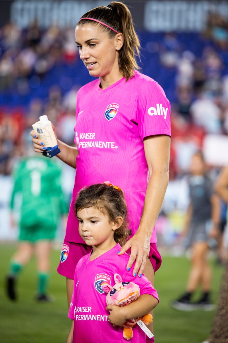  Alex Morgan, #13 of San Diego Wave FC, and her daughter Charlie after the National Women's Soccer League match against the NJ/NY Gotham FC at Red Bull Arena on June 19, 2024, in Harrison, New Jersey. (Photo by Ira L. Black - Corbis/Getty Images)