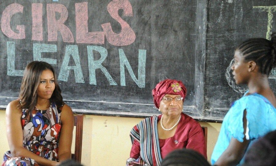 Michelle Obama paid a visit to Monrovia for her "Let Girls Learn" tour in Africa with Liberian President Ellen Johnson Sirleaf. During the first stop in Liberia, she visited girls who were forced to drop out due to financial reasons.
<br>
Photo: Getty Images