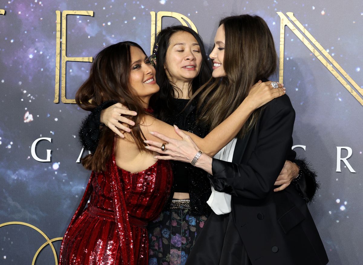 LONDON, ENGLAND - OCTOBER 27: Salma Hayek, Chloe Zhao and Angelina Jolie attend the "Eternals" UK Premiere at BFI IMAX Waterloo on October 27, 2021 in London, England. (Photo by Mike Marsland/WireImage)