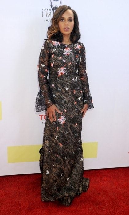 February 11: Kerry Washington shimmered at the 48th NAACP Image Awards at Pasadena Civic Auditorium in California. The <i>Scandal star</i>, 40, walked the red carpet in a sheer charcoal dress with orange, white and black accents over a solid slip.
Photo: Gregg DeGuire/WireImage